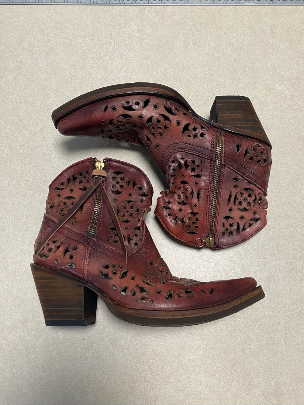 Corral Boots Womens Size 7.5 Distressed Red Laser Cutout Leather Ankle Boots
